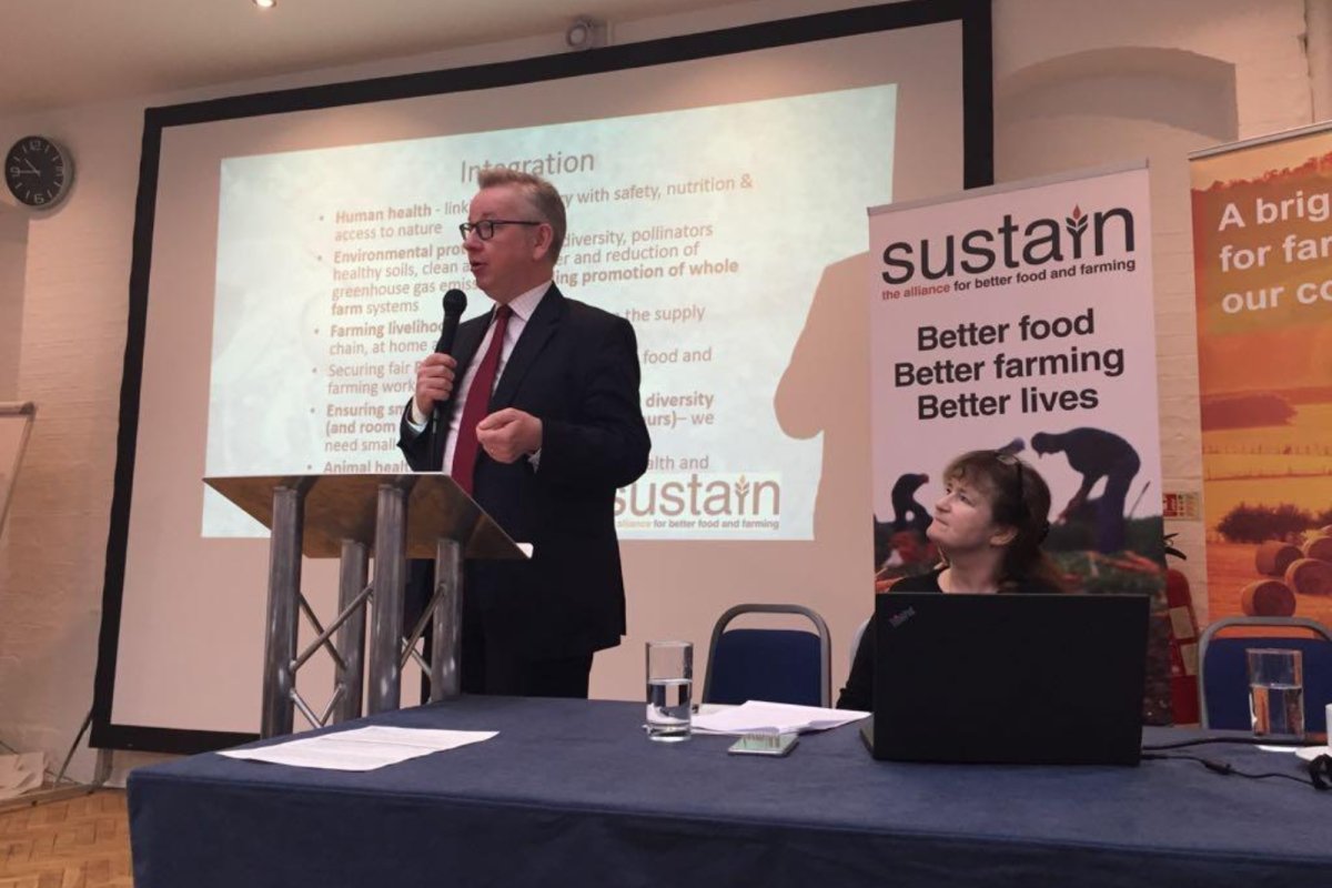 Michael Gove MP then Defra Secretary speaking at our event in 2018. I look on... Credit: Sustain