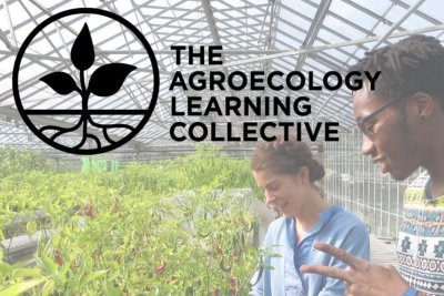 Two people looking at plants in a greenhouse with words The Agroecology Learning Collective over the image. Credit: TALC